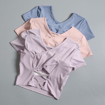 瑜伽服帶胸墊運動短袖女夏季緊身露臍性感速干舞蹈跑步健身服T恤