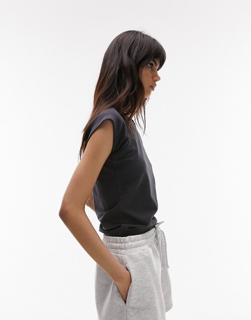 Topshop ribbed mixed tee in washed slate-Black