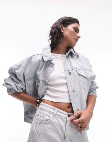 Topshop denim balloon sleeve jacket in bleach-Blue