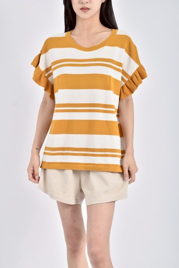 加購優惠(L) 質感針織條紋黃色短袖上衣