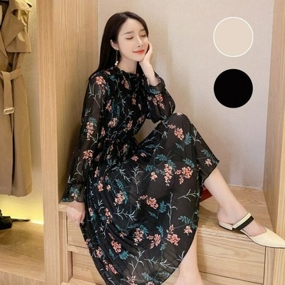 ロングワンピース レディース ワンピース 秋冬 長袖 黒 きれいめ 花柄 ママワンピース シフォン 大人 膝下 プリーツ コーデ 通販 Lineポイント最大get Lineショッピング
