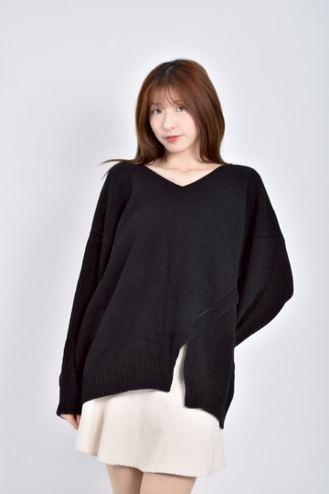 (F) mu i韓牌質感針織素面v領長袖黑色毛衣
