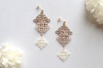 Tatting Lace 三色米方形耳環