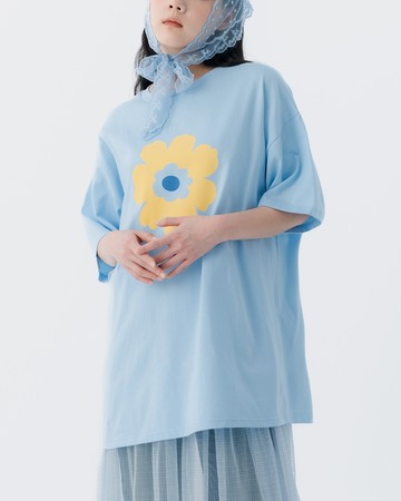 花花印圖寬版短袖上衣-藍