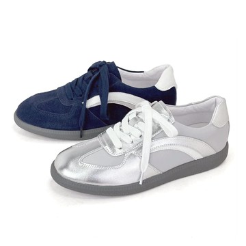【Robinlo】德訓鞋 休閒鞋(Sofia 經典復古風真皮) 星光銀/藏深藍