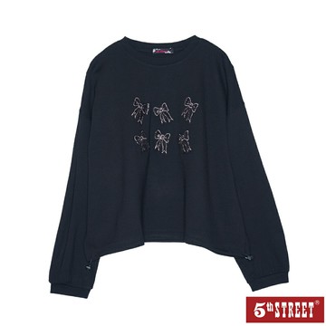 女裝 薄款長T 蝴蝶結毛巾繡 長袖T恤 TEE 上衣 黑色 (560960) 【5th STREET】【APP下單享4%回饋】 最高折426