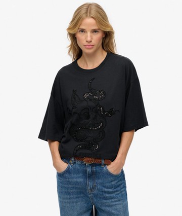 Superdry Women's Tattoo Embellished Oversized T-shirt Black Size: 10