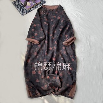 錦瑟春秋復古文藝亞麻長袍仿香云紗印花工藝盤扣超寬松碎花連衣裙