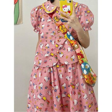 溜與禮物Kitty純棉可愛格子襯衫