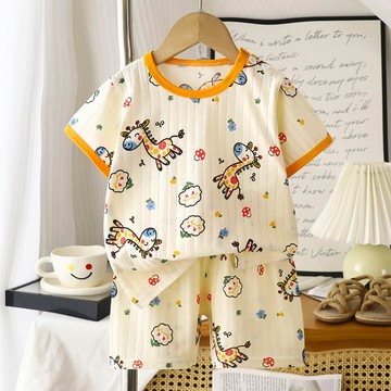 WarmNest - 純棉網眼透氣短袖短褲家居服套裝-開心長頸鹿