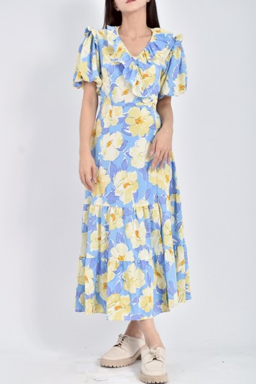 (S) avivi girl質感紡紗短袖一片式滿版大花藍色洋裝