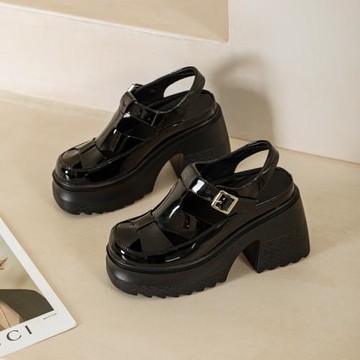 羅馬包頭涼鞋女夏季高跟粗跟小個子增高外穿一字帶坡跟2024年新款