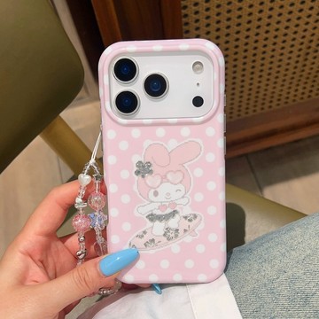 ins日系少女 可愛甜美 美樂蒂 粉底白波點 衝浪 iPhone 17 16 15 Pro max 手機殼 圓邊鎏金