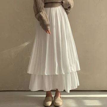 韓國chic春季甜美減齡高腰顯瘦壓褶設計感大擺型蛋糕半身裙長裙女