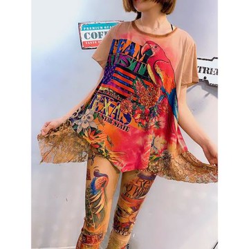 慵懶風印花燙金t恤女短袖蕾絲拼接不規則顯瘦設計感小眾上衣時髦