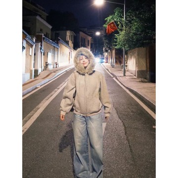 💘買到戀愛💘韓版秋冬衛衣女 秋冬季疊穿保暖休閒外套 小個子修身顯瘦開衫上衣 秋冬季美式復古條紋可拆卸大毛領開衫連