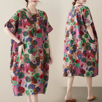 AKARA 消暑棉麻桃梨涼感短袖洋裝(春夏/ 涼感 /棉麻 /寬版均碼 /中大尺碼