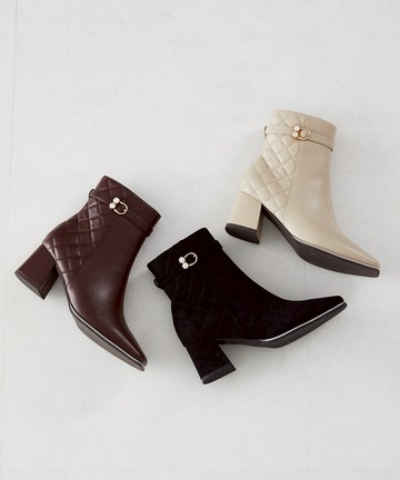 珠寶繫帶拼菱格紋方頭短靴 (31435)