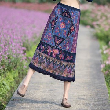 2021新款女裝民族文藝風刺繡貼布洗水做舊牛仔半身裙長裙