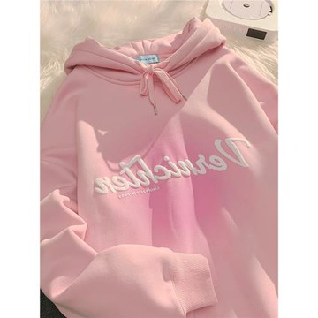 奶粉色連帽衛衣女春秋印花加絨加厚慵懶風oversize寬松情侶上衣