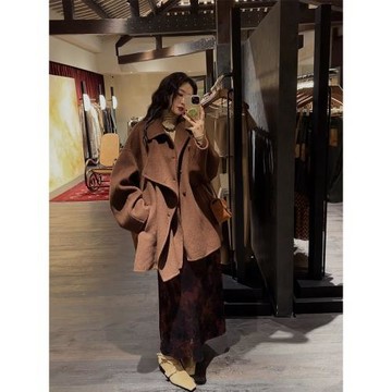 三吉黑花 【伊人】秋冬氣質長短款翻領雙面呢外套高級感小個子