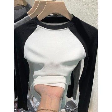 打底衫女內搭秋季2025年新款插肩袖撞色設計感短款上衣長袖t恤女