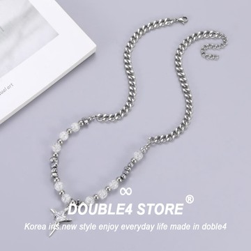 【DOUBLE4】韓國 白爆珠拼銀石 古巴項鍊 韓系 手鍊男 蹦迪 穿搭 男項鍊 手鍊 鋼項鍊 男女 鋼手鍊 鈦鋼【C9