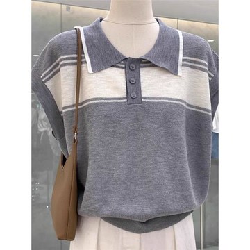(免運)灰色polo領冰絲針織短袖t恤女夏季撞色薄款設計感寬松飛袖上衣潮