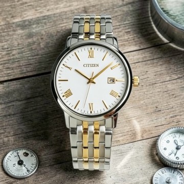 CITIZEN 星辰表 / BM6774-51C / 光動能 羅馬時刻 藍寶石水晶玻璃 日期 不鏽鋼男錶 白色x鍍金 37mm