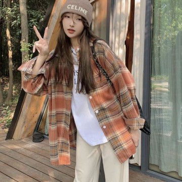 春秋寬松加厚長袖襯衣女2024港風寬松顯瘦橘色格子毛呢襯衫外套薄
