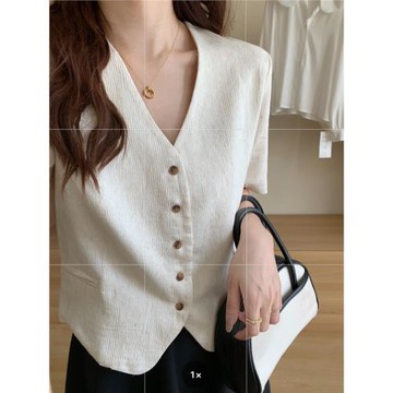 法式小香風V領短袖西裝休閑外套女夏薄款小西服半袖雪紡通勤上衣