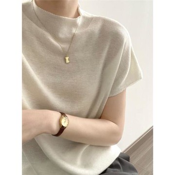 白色t恤半高領打底衫女顯瘦正肩冰絲薄款短袖針織衫夏季內搭上衣