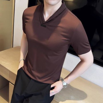 夏季冰絲薄款高級感彈力針織短袖T恤男時尚V領青果領半袖打底衫潮