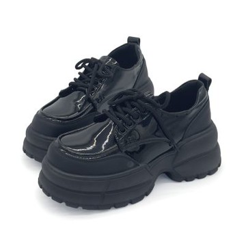 Robinlo 甜心鏡面拼接學院風厚底增高牛津鞋 EWART 經典黑