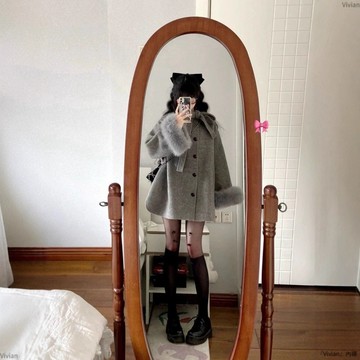 赫本風秋冬季灰色毛呢外套女中長款蝴蝶結呢子斗篷大衣小個子