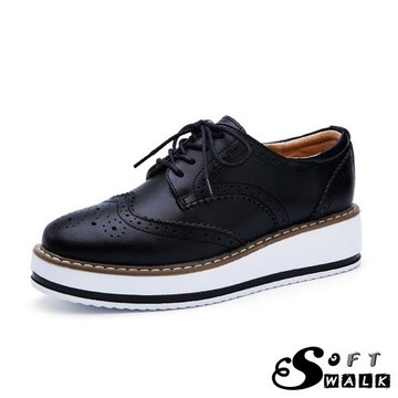 【SOFT WALK 舒步】真皮英倫風布洛克刻花經典厚底綁帶牛津鞋 黑