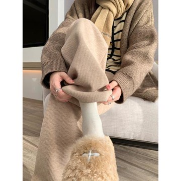 卡其色高級闊腿褲女春秋2025新款高腰垂感顯瘦窄版休閑加絨直筒褲