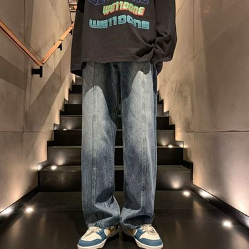 美式水洗做舊牛仔褲 漸變牛仔褲男 直筒寬松牛仔褲 寬褲 歐美高街vibe風長褲 復古牛仔褲 直筒闊腿牛仔褲 百搭牛仔褲
