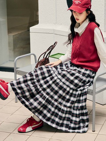 配色格紋腰鬆緊蛋糕長裙