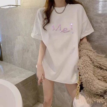歐洲站洋氣純棉白色圓領短袖T恤女寬松大碼中長款燙鉆ME潮牌半袖