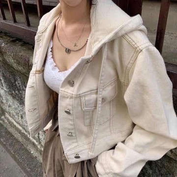 超美奶油杏 超百搭 短版外套 牛仔連帽短版外套 杏色 復古氣質感 正常版型 單一尺寸