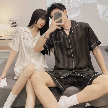 情侶睡衣女夏季冰絲短袖2025年新款高級感仿真絲綢男士家居服