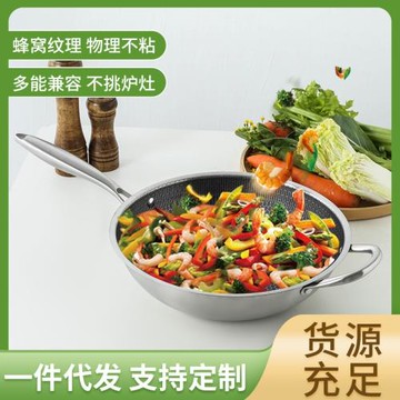 不銹鋼單面屏蜂窩炒鍋無涂層平底不粘炒鍋電磁爐燃氣通用鍋具