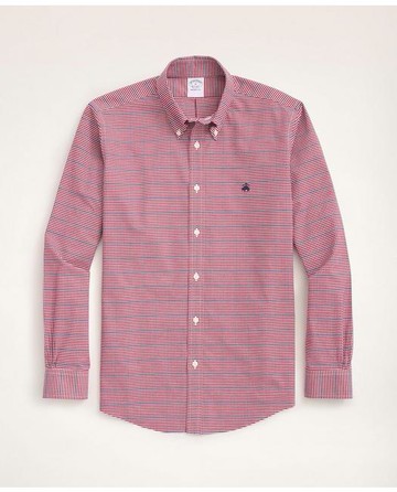 Brooks Brothers Men's Stretch Regent Regular-Fit Sport Shirt, Non-Iron Oxford Button Down Collar Microcheck | Burgundy | Size XS