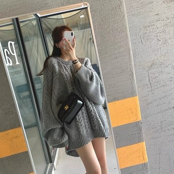 特價*黑灰現貨秒出♥️實拍【JinG】韓版*寬領麻花針織上衣♥️澎澎袖 寬鬆顯瘦 寬針織洋裝 長版毛衣 針織衫