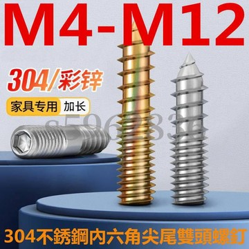 台灣發貨✅（M4-M12）304不鏽鋼內六角螺釘鍍彩鋅尖尾雙頭牙自攻螺絲傢俱連接件M4M5M6M8M10M12