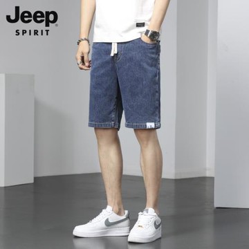 吉普五分牛仔褲男士寬松直筒薄款短褲子2025夏季新款松緊腰休閑褲