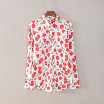 女裝修身百搭長袖翻領印花襯衫氣質單排扣上衣服流行時尚