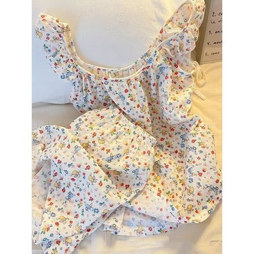 【臺灣出貨】甜美可愛卡通碎花小飛袖睡衣女 夏季新款休閒短褲家居服 大尺碼睡衣套裝 睡衣女 家居服兩件套