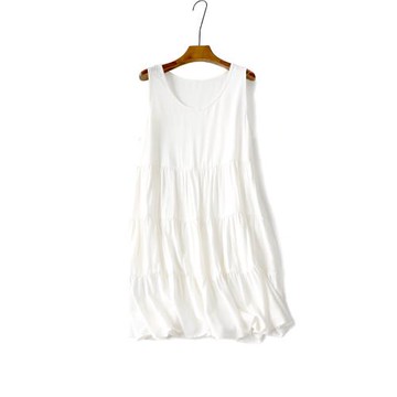 夏季純色棉綢連衣裙 無袖波西米亞沙灘大擺裙 拼接闊版短款蛋糕裙